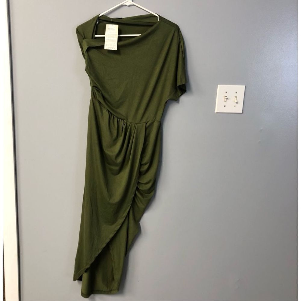 btfbm army green one shoulder wrap dress wedding guest summer vaca resort sz med